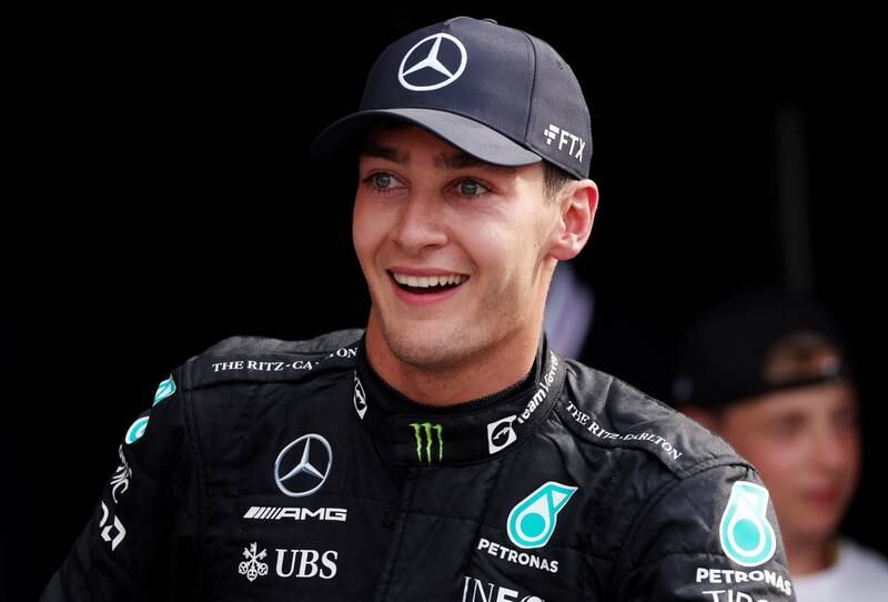 Mercedes' George Russell celebrates after finishing second in the Dutch Grand Prix. Reuters