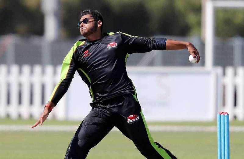 ABU DHABI, UNITED ARAB EMIRATES , Nov 13  – 2019 :- Hassan Khalid of  Qalandars T10 cricket team bowling during the training session held at Sheikh Zayed Cricket Stadium in Abu Dhabi. ( Pawan Singh / The National )  For Sports. Story by Paul