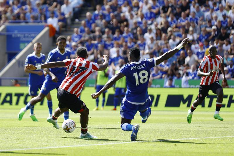 Brentford's Ivan Toney scores their first goal against Leicester. Reuters