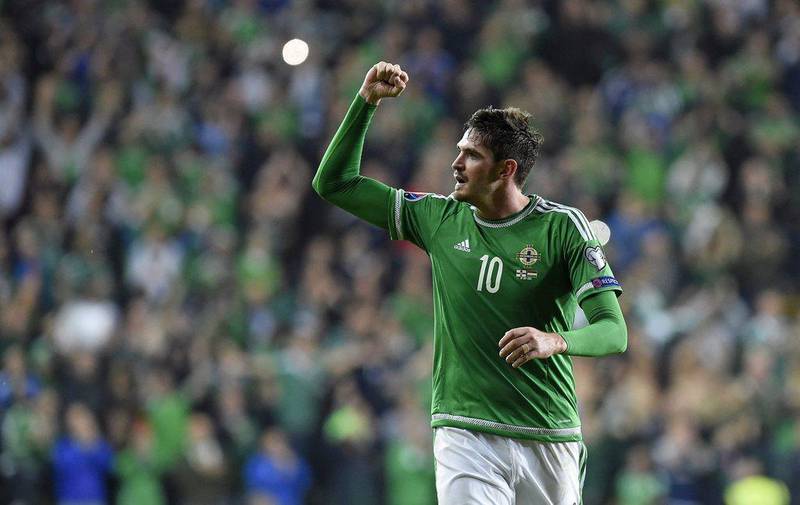 Northern Ireland's striker Kyle Lafferty celebrates after scoring their late equaliser in a 1-1 Euro 2016 qualifying draw against Hungary on Monday. Michael Cooper / AFP / September 7, 2015 