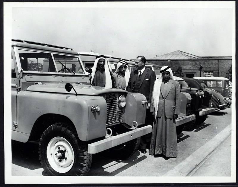Sheikh Rashid, Ruler of Dubai, observing a Land Rover on a trip to the UK in June, 1959. Photo: Crown Copyright Images 