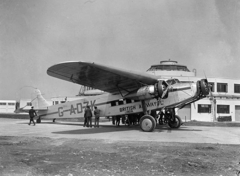 A British Airways passenger aircraft at Gatwick Airport in 1936.