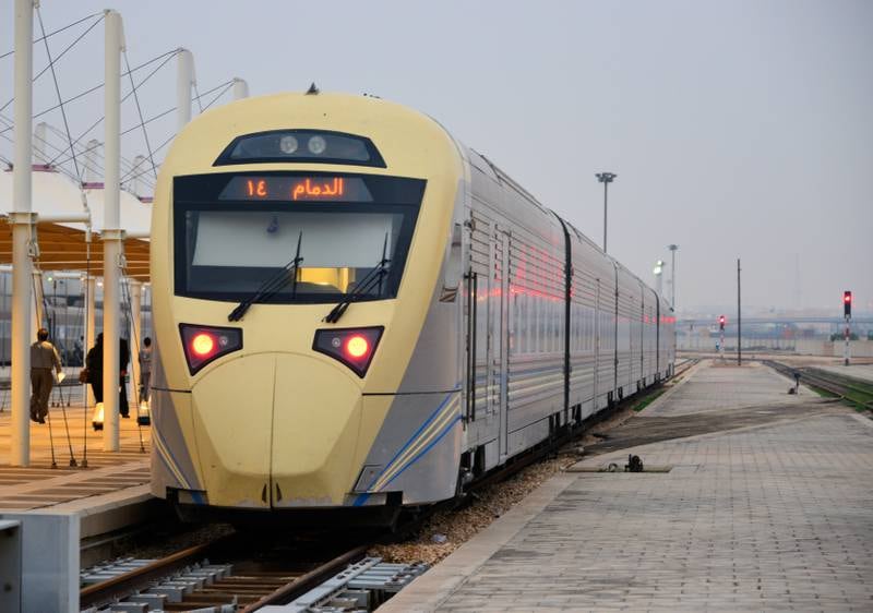 A fast train to Dammam waits by the platform at Riyadh railway station. Getty