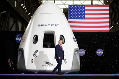 President Donald Trump arrives to speak after viewing the SpaceX flight to the International Space Station, at Kennedy Space Centre, in Cape Canaveral, Florida. AP Photo