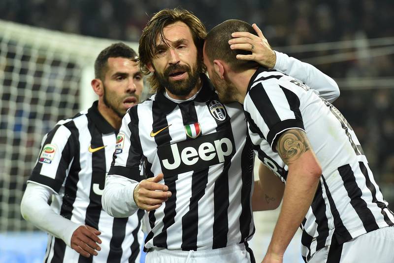 Leonardo Bonucci (R) of Juventus celebrates a goal with teammate Andrea Pirlo in 2015. Getty