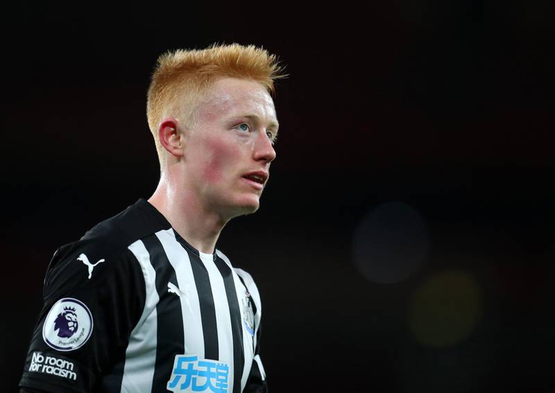 LONDON, ENGLAND - JANUARY 18: Matty Longstaff of Newcastle United  during the Premier League match between Arsenal and Newcastle United at Emirates Stadium on January 18, 2021 in London, England. Sporting stadiums around England remain under strict restrictions due to the Coronavirus Pandemic as Government social distancing laws prohibit fans inside venues resulting in games being played behind closed doors. (Photo by Catherine Ivill/Getty Images)