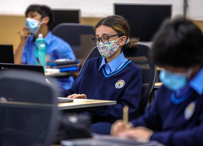Abu Dhabi, United Arab Emirates, February 16, 2021.  Pupils return to school on Sunday at British School Al Khubairat.  Pupils are distanced in class and are required to wear their face masks throuought the day.Victor Besa/The NationalReporter:  Haneen DajaniSection:  NA