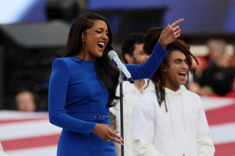 Guyton delivers a soaring, emotive version of the anthem, which she largely sang a cappella. Reuters