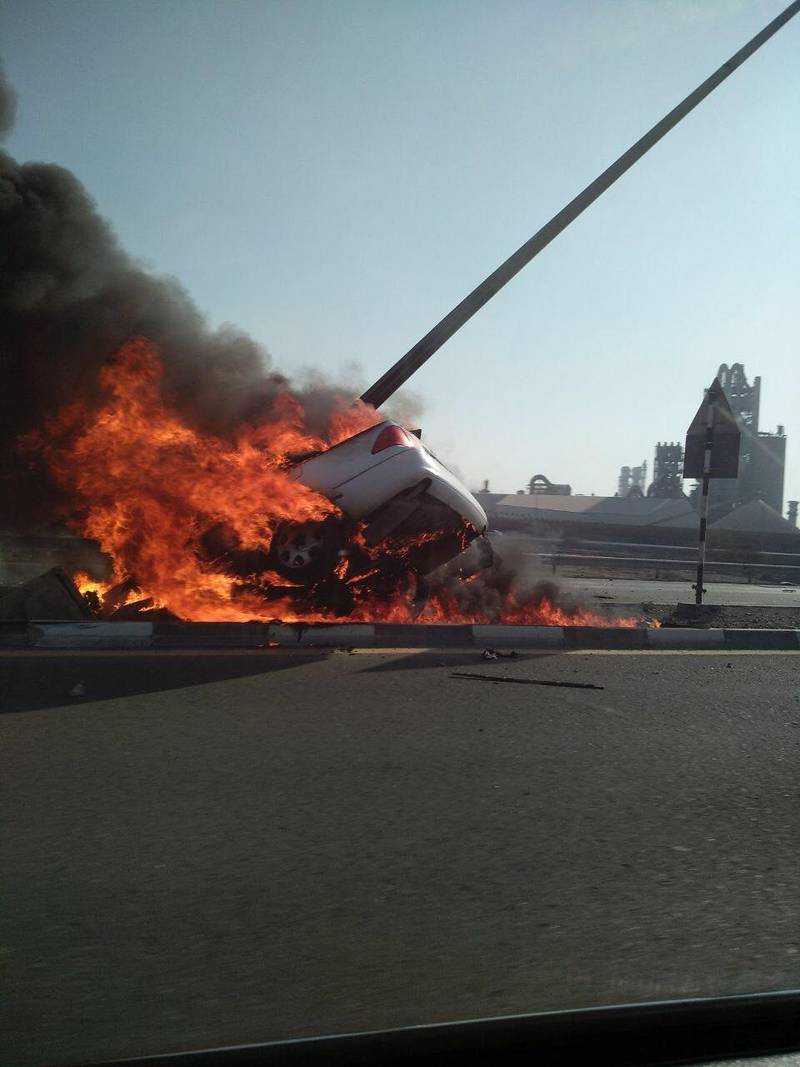 A man dies in a car accident after his vehicle bursts into flames in Ras Al Khaimah. Courtesy RAK Police