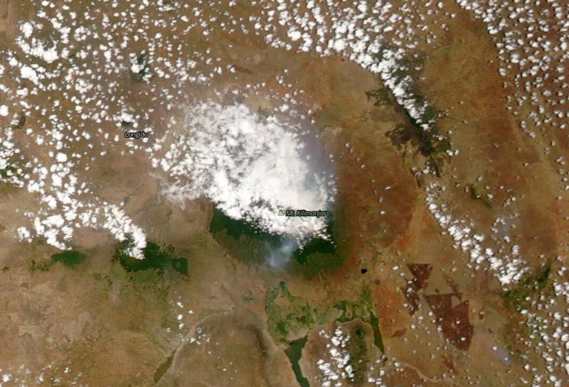 A satellite image shows smoke from a fire around the top of Mount Kilimanjaro, Tanzania. Reuters