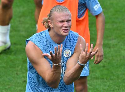 Manchester City's striker Erling Haaland reacts during a training session at the Seoul World Cup Stadium in Seoul AFP