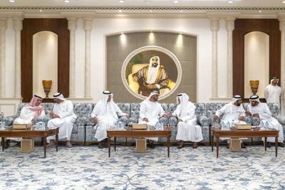 ABU DHABI, UNITED ARAB EMIRATES - November 20, 2019: HRH Prince Khalid bin Faisal bin Abdulaziz Al Saud, Governor of Makkah Region of Saudi Arabia (3rd R) and HRH Abdul Aziz bin Salman Al Saud, Minister of Energy of Saudi Arabia (5th R), offer condolences to HH Sheikh Mohamed bin Zayed Al Nahyan, Crown Prince of Abu Dhabi and Deputy Supreme Commander of the UAE Armed Forces (4th R), on the passing of the late HH Sheikh Sultan bin Zayed Al Nahyan, at Al Mushrif Palace. Seen with HH Sheikh Saif bin Mohamed Al Nahyan (R), HH Sheikh Tahnoon bin Mohamed Al Nahyan, Ruler's Representative in Al Ain Region (2nd R) and HH Sheikh Saeed bin Zayed Al Nahyan, Abu Dhabi Ruler's Representative (6th R).


( Rashed Al Mansoori / Ministry of Presidential Affairs )
---