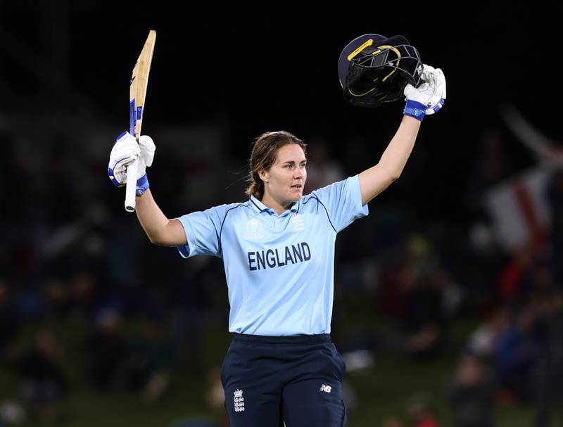 England's Natalie Sciver celebrates her century during the Women's Cricket World Cup final. AP