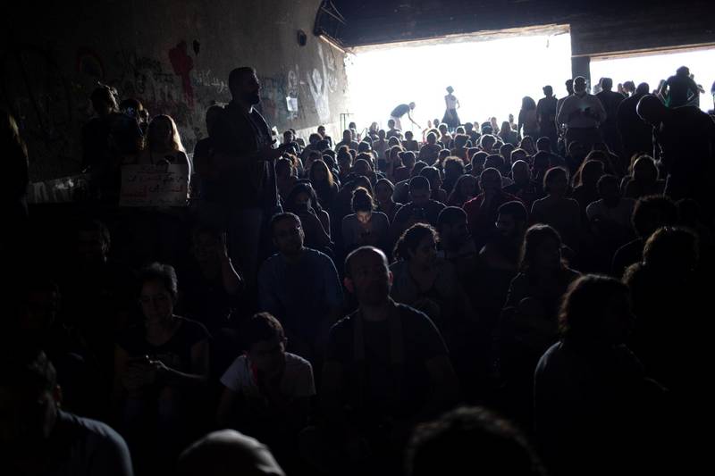 Demonstrators attend an open discussion in the "Egg", an abandoned cinema building in Beirut, Lebanon, October 26, 2019. REUTERS/Alkis Konstantinidis     SEARCH "LEBANON EGG" FOR THIS STORY. SEARCH "WIDER IMAGE" FOR ALL STORIES