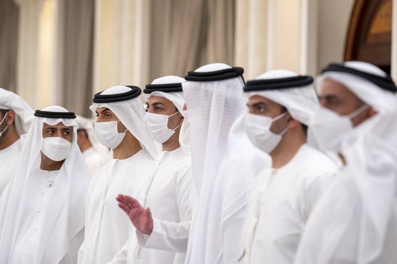 Sheikh Nahyan bin Mubarak, Minister of Tolerance and Coexistence; Sheikh Khaled bin Zayed, Chairman of the Board of the Zayed Higher Organization for Humanitarian Care and Special Needs; and Sheikh Omar bin Zayed, Deputy Chairman of the Board of Trustees of the Zayed bin Sultan Al Nahyan Charitable and Humanitarian Foundation, attend condolences for Sheikh Khalifa at the Presidential Airport.
Mohamed Al Hammadi / Ministry of Presidential Affairs