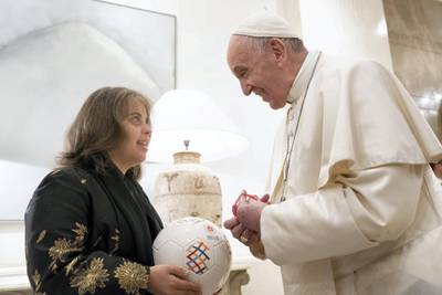 ABU DHABI, UNITED ARAB EMIRATES - February 4, 2019: Day two of the UAE papal visit -  His Holiness Pope Francis, Head of the Catholic Church (R), speaks with Special Olympics athlete, Sheikha Al Qassimi (L), after a reception at Al Mushrif Palace. 
( Ryan Carter / Ministry of Presidential Affairs )
---