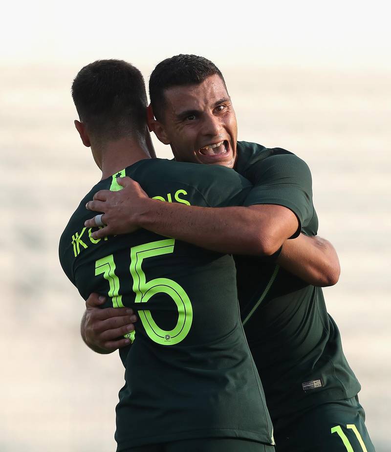 Chris Ikonomidis and Andrew Nabbout of Australia celebrates their second goal during the international friendly match against Oman at Maktoum Bin Rashid Al Maktoum Stadium in Dubai on Sunday. Australia won the match 5-0 as part of their 2019 Asian Cup preparations. The tournament is being held in the UAE from January 5-February 1. Getty Images