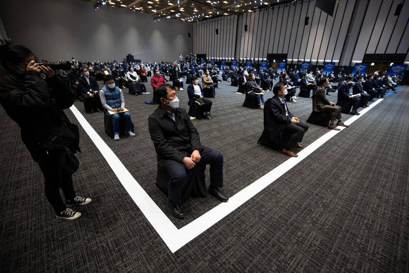 Attendees are socially distanced during the Samsung Electronics Co. annual general meeting at the Suwon Convention Centre in Suwon, South Korea. Bloomberg