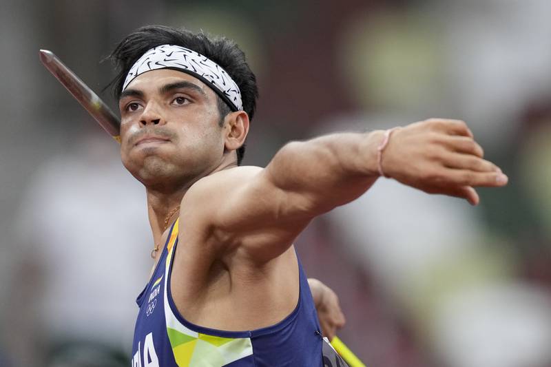 Neeraj Chopra, of India, competes in the men's javelin throw final at the Tokyo Olympics. AP