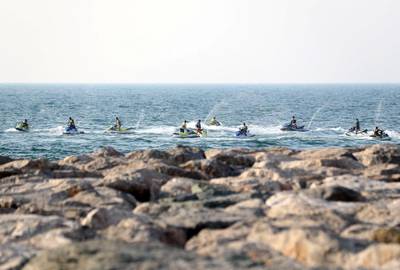 Dubai, United Arab Emirates - Reporter: N/A. News. The sun sets on 10 jet skis by the Palm on the longest day of the year. Sunday, June 21st, 2020. Dubai. Chris Whiteoak / The National