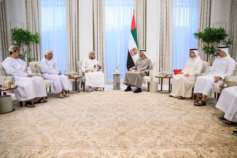 President Sheikh Mohamed meets Mr Al Said at Al Shati Palace. Seen with, from right, Sheikh Khaled bin Mohamed, member of the Abu Dhabi Executive Council and chairman of the Abu Dhabi Executive Office; Sheikh Mansour bin Zayed, Deputy Prime Minister and Minister of the Presidential Court; and Oman's ambassador to the UAE Dr Sayyid Ahmed bin Hilal Albusaidi.