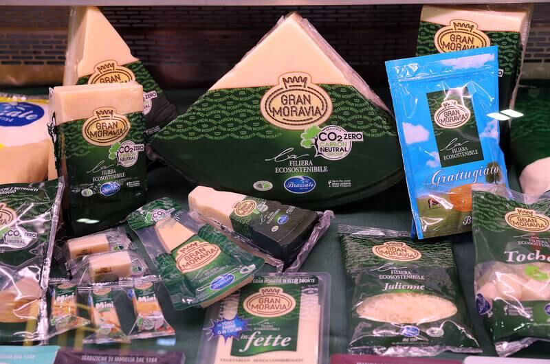 Different types of cheese on display at the Brazzale stand.