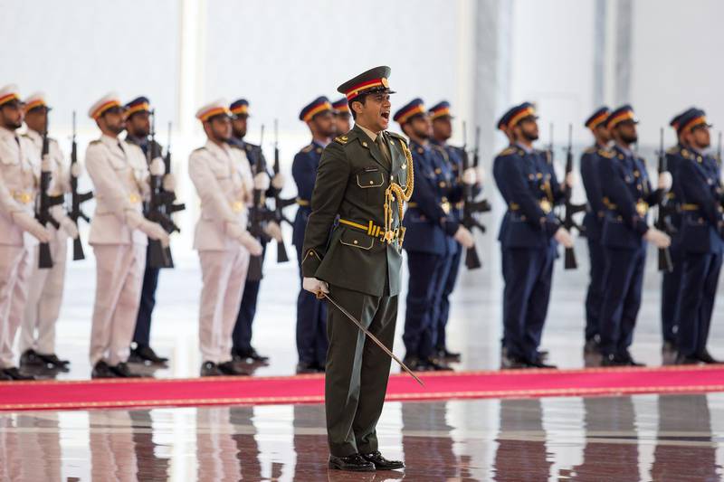 ABU DHABI, UNITED ARAB EMIRATES - July 19, 2018: Members of the UAE Armed Forces Honour Guard, stand at attention, during a reception held at the Presidential Airport.
( Mohamed Al Bloushi for the Crown Prince Court - Abu Dhabi )
---