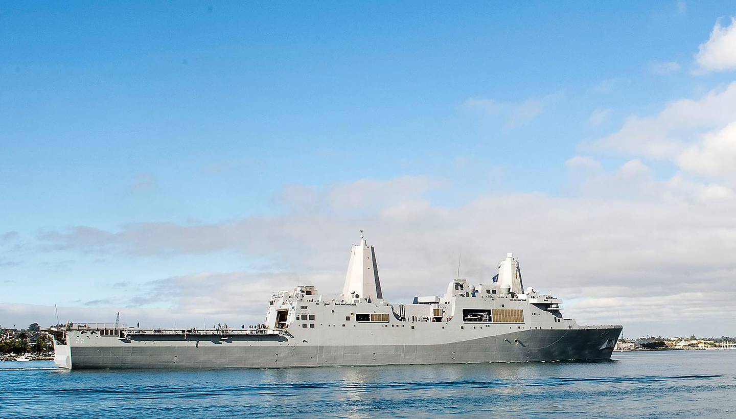 In this Dec. 6, 2012, photo released by the U.S. Navy, the amphibious transport dock ship USS San Diego sails in San Diego Bay in San Diego, California. Two U.S. Navy warships operating in the Mideast have been affected by the coronavirus, authorities said Friday, Feb. 26, 2021, with the San Diego already at port in Bahrain and another heading to port elsewhere. (U.S. Navy/Mass Communication Specialist 2nd Class Jonathan P. Idle, via AP)