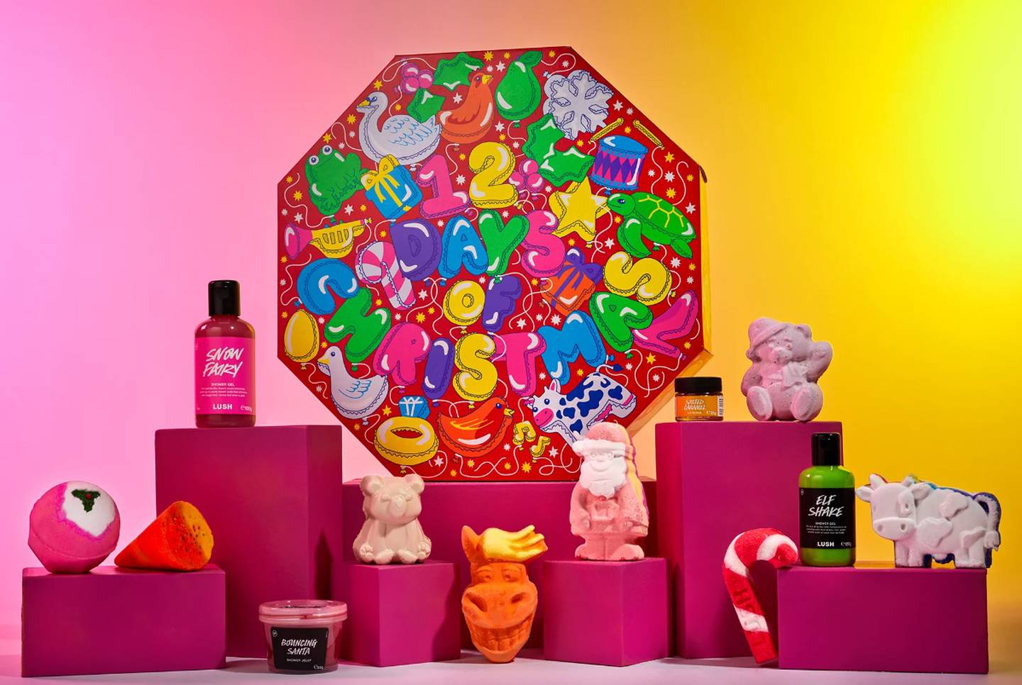 The cosmetic brand's calendar features festive-scented scrubs, bath bombs and more. Photo: Lush