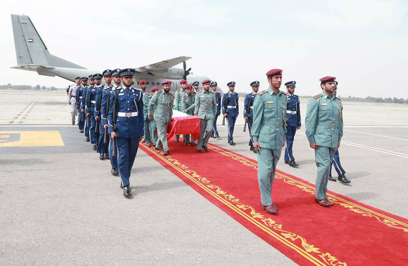 A private plane dispatched by UAE authorities flew Lt Al Shehi’s body to Ras Al Khaimah International Airport, where his body was escorted by a police convoy to the grave site in his home town of Shaam. Wam