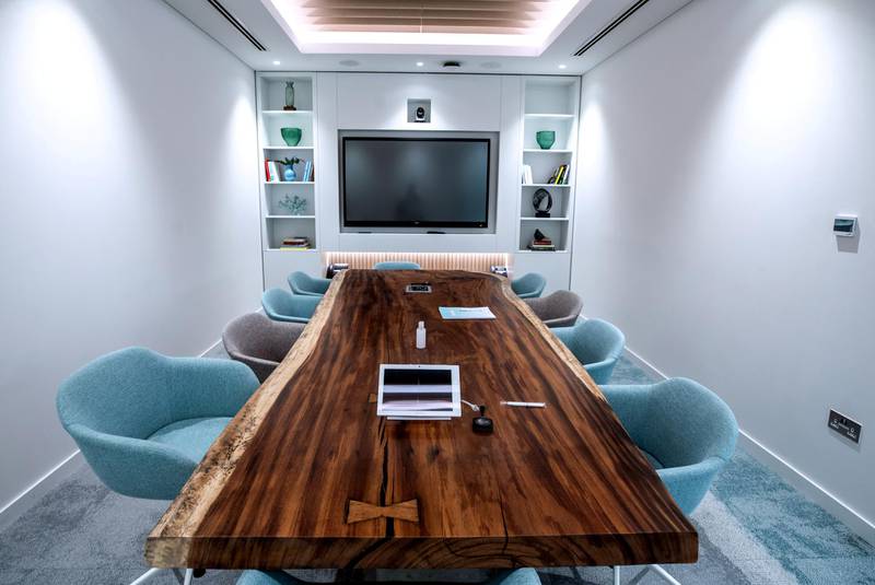 Abu Dhabi, United Arab Emirates, October  12, 2020.  Cloud Spaces has opened at Yas Mall.  Cloud Spaces - flexible workspace solutions with inspiring co-working zones, meeting rooms and contemporary serviced offices.  The boardroom.Victor Besa/The NationalSection: LFReporter:  Evelyn Lau