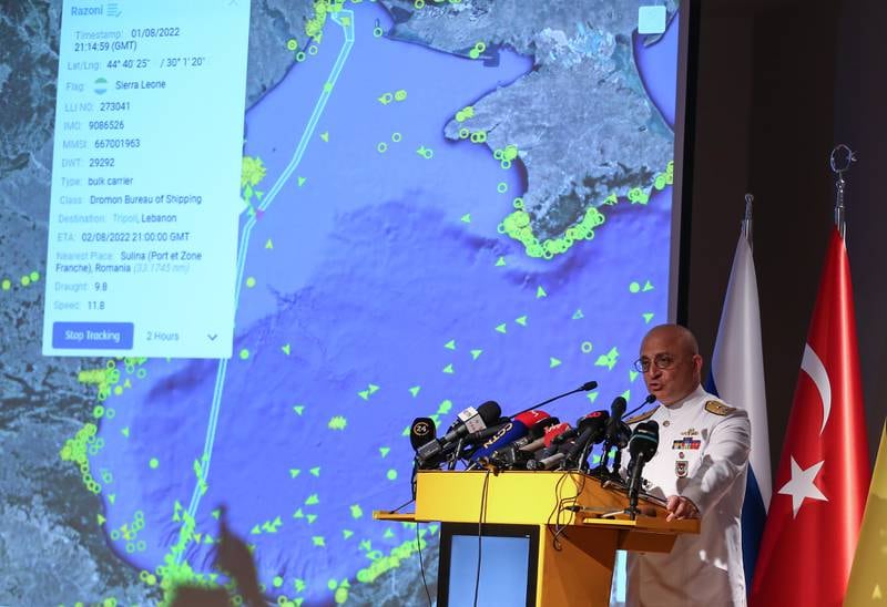 Turkey's Rear Admiral Ozcan Altunbulak speaks to the media about the Sierra Leone-flagged cargo ship 'Razoni', which left the port of Odesa in Ukraine carrying grain exports. EPA