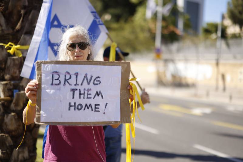 A woman demands the release of Israelis kidnapped by Hamas militants. Bloomberg