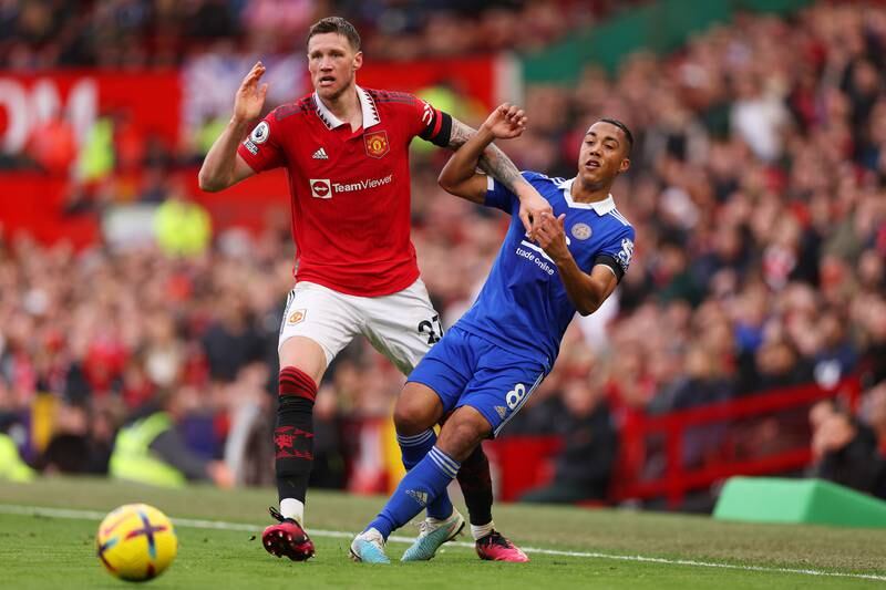 Wout Weghorst of Manchester United challenges Youri Tielemans of Leicester City. Getty 