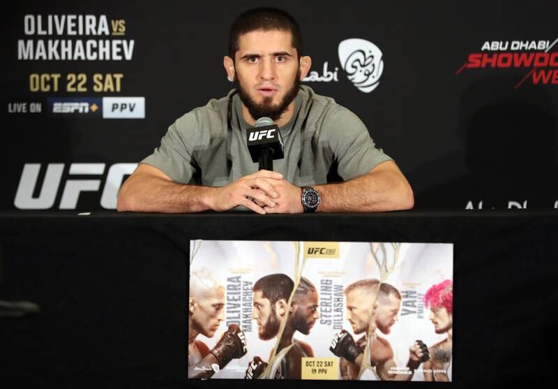 Islam Makhachev speaks to the media ahead of his title fight against Charles Oliveira at UFC 280 in Abu Dhabi. All images Chris Whiteoak / The National