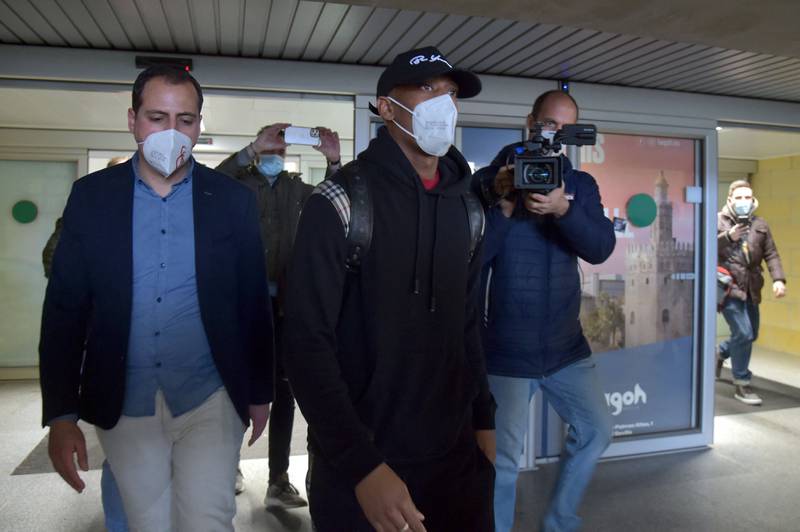 Anthony Martial at the airport upon his arrival in Seville. AFP