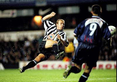 17 Sep 1998:  Alan Shearer of Newcastle takes a shot a goal during the European Cup Winners Cup against Partizan Belgrade played at St James'' Park in Newcastle, England. Newcastle won the game 2-1. \ Mandatory Credit: Clive Brunskill /Allsport