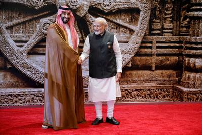 India's Prime Minister Narendra Modi welcomes Saudi Arabia's Crown Prince and Prime Minister Mohammed bin Salman to the G20 summit. AFP
