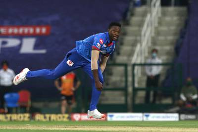 Kagiso Rabada of Delhi Capitals  bowls bowled during match 11 of season 13 of Indian Premier League (IPL) between the Delhi Capitals and the Sunrisers Hyderabadheld at the Sheikh Zayed Stadium, Abu Dhabi  in the United Arab Emirates on the 29th September 2020.  Photo by: Pankaj Nangia  / / Sportzpics for BCCI
