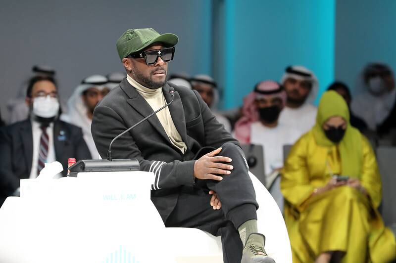 will. i.am, founder and chief executive of FYI, speaking at the World Government Summit in Dubai. Pawan Singh / The National