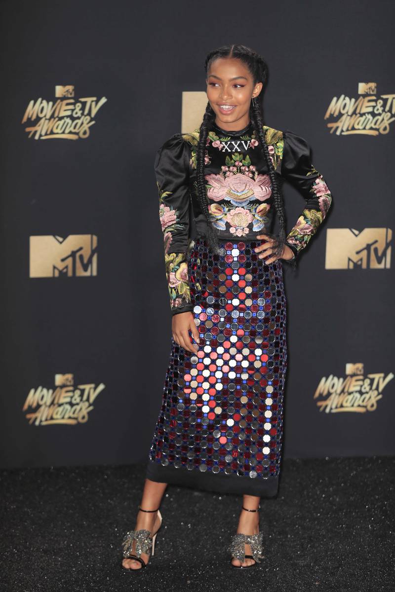 Yara Shahidi wears clashing Gucci prints and textures for the MTV Movie and TV Awards on May 7, 2017. EPA