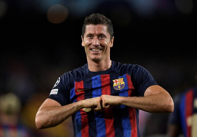 Barcelona's Robert Lewandowski celebrates scoring in the 5-1 win against Viktoria Plzen at Camp Nou on September 7. Reuters
