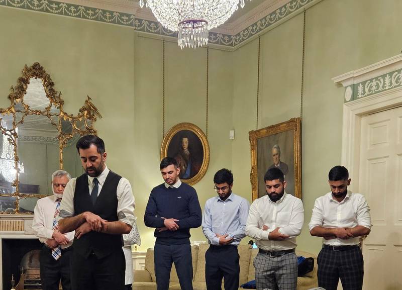 Scottish First Minister Humza Yousaf leading family in prayers at Bute House, Edinburgh. Humza Yousaf Twitter.