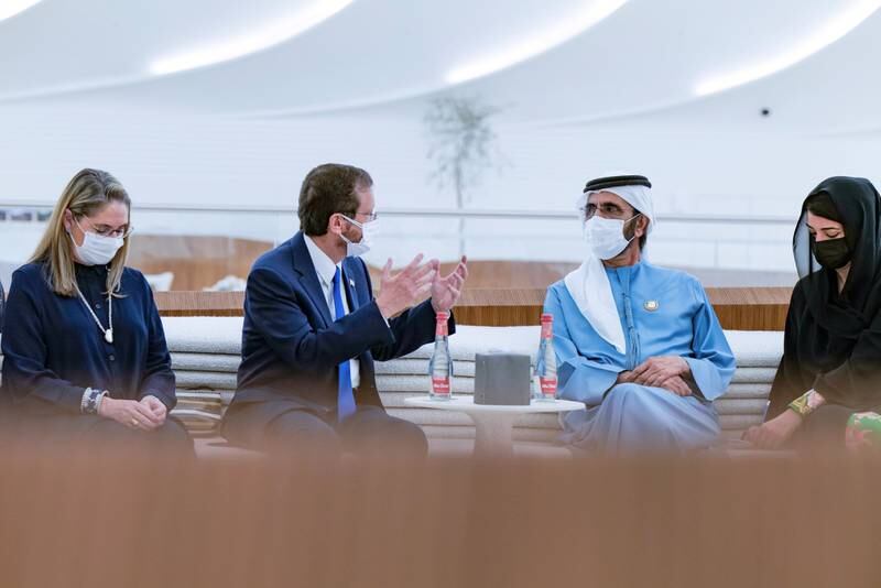 Sheikh Mohammed bin Rashid, Vice President and Ruler of Dubai, receives President Isaac Herzog at Expo 2020 Dubai on the second day of the Israel leader's visit to the UAE. Photo: Twitter