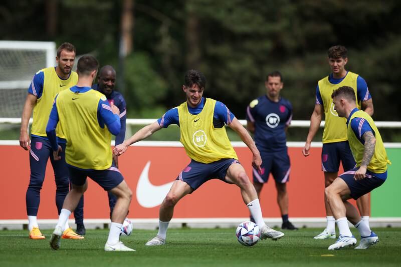 Declan Rice controls the ball during an England training session at St George's Park in Burton-upon-Trent as they prepare to face Hungary. All images The FA.
