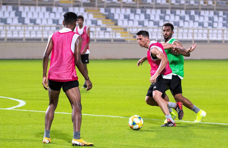 Abu Dhabi, United Arab Emirates, July 23, 2019.  Sebastian Tagliabue is one of the stars of the Arabian Gulf League, its all-time leading foreign goalscorer and second in the all-time charts. —  Sebastian tries to slip through the defensive line during practice.Victor Besa/The NationalSection:  SPReporter:  John McAuley