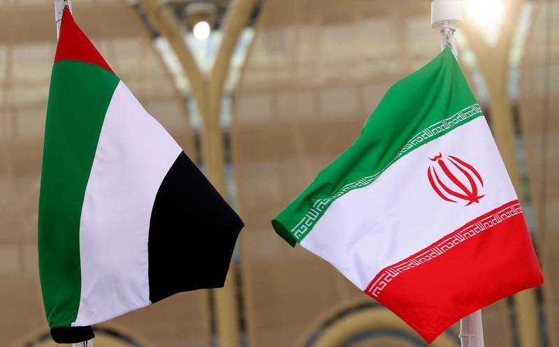 The flags of United Arab Emirates and Iran at the Iranian Pavilion of Expo 2020, in Dubai on February 7. AFP