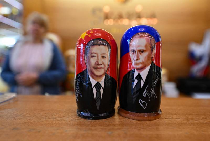 Traditional Russian dolls depicting the presidents at a gift shop in central Moscow. AFP
