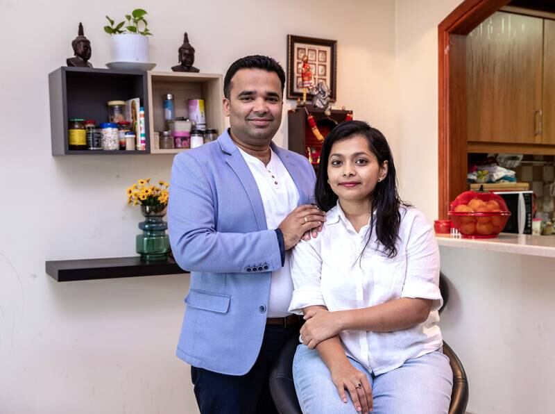 Piyusha Bokil and husband Rutwij Bokil in their two-bed apartment in Arabian Oryx House, Barsha Heights. Rent is Dh81,000 ($22,000) a year. All photos: Victor Besa / The National
