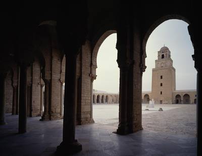 Arcade, inner courtyard and minaret of the Great Mosque of Sidi-Uqba (UNESCO World Heritage List, 1988), Kairouan, Tunisia, 8th-9th century. (Photo by G. Dagli Orti / De Agostini Picture Library via Getty Images)